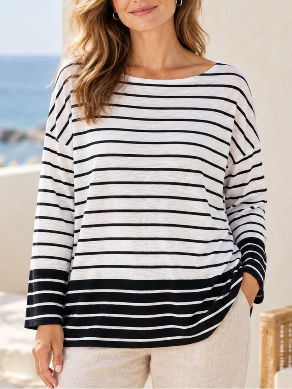 J.Jill Stripe Tunic Top L Black White Oversized Cotton Coastal Relaxed Boat Neck